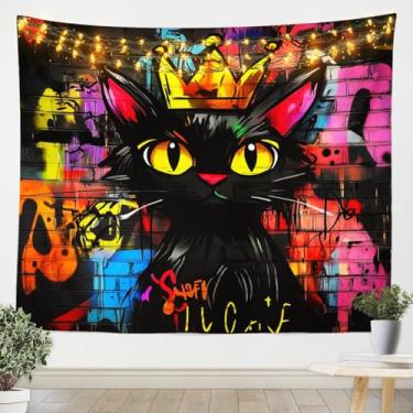 Imagem de Erosebridal Tapeçaria de parede grande para meninos adolescentes 140 x 203 cm tapeçaria de cultura de rua americana gato preto animal tapeçaria hip hop estilo hippie colorido tapeçaria de parede