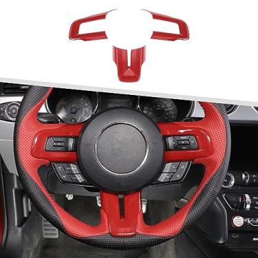 Imagem de Jimen Compatível com Ford Mustang 2015-2021 acessórios de acabamento de capa de volante (vermelho)