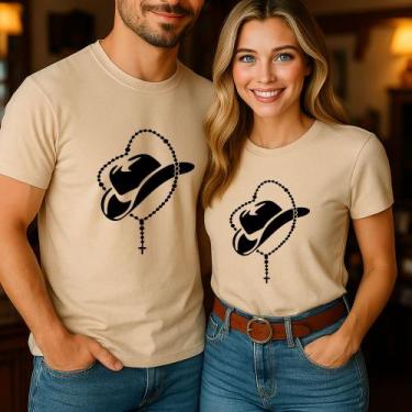 Imagem de Blusa Algodão Camiseta Casal Country Estampa Chapéu Terço Grande Modin