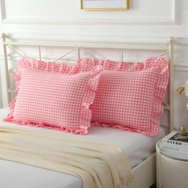 Imagem de Mywinlle Conjunto de 2 fronhas vintage rosa claro xadrez com babados tamanho padrão, capas de travesseiro xadrez de algodão lavado, 51 x 66 cm