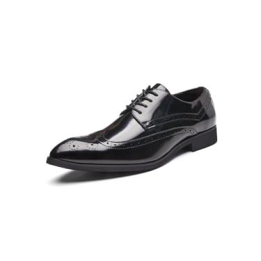Imagem de Sapato social masculino de couro envernizado brilhante bico fino Brogue Oxford estilo britânico, Preto, 41
