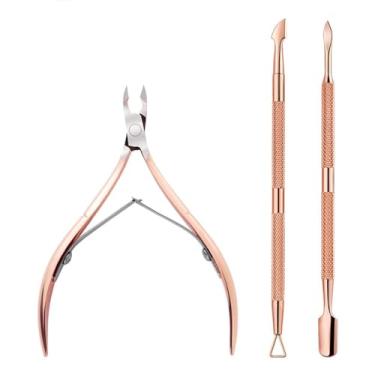 Imagem de Alicate empurrador de cutículas em aço inoxidável, ouro rosa, tesoura, conjunto de manicure, removedor de esmalte, cortador de unhas, cuidados com a arte, 3 peças, ouro rosa, BH01