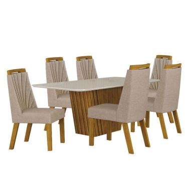 Imagem de Mesa De Jantar Liz 180x90 Freijó Off White Com 6 Cadeiras Freijó Linho Palha – Leifer Móveis