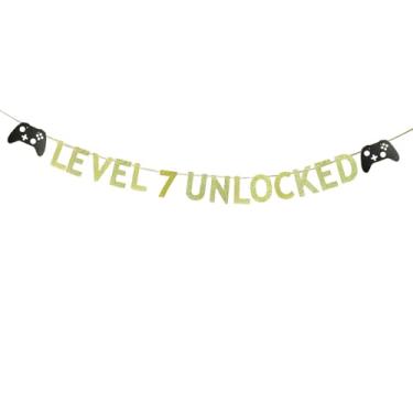 Imagem de KUNGOON Banner de aniversário de jogos desbloqueado nível 7, papel dourado com glitter com design de controle de jogo, decorações de festa para 7º aniversário.