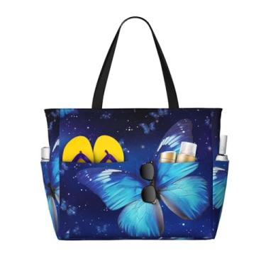 Imagem de LDTVSFZQ Bolsas de praia com borboleta estrelada azul para mulheres, grande, impermeável, à prova de areia, bolsa de piscina, bolsa leve com zíper para viagem de ginástica, preta, tamanho único