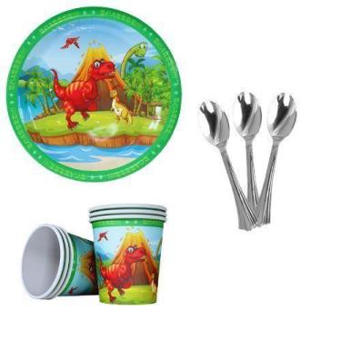 Imagem de Kit 20 Pratos Copos Papel Colher 14Cm Dinossauro Papel - Udlandia