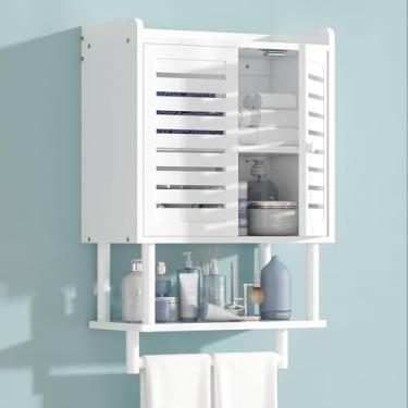 Imagem de Armário de parede de banheiro, armário de armazenamento sobre o vaso sanitário com prateleiras ajustáveis, armários de remédios brancos com barra de toalha, armário suspenso de parede de bambu com 2