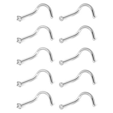 Imagem de Hoeudjo Kit de anéis de nariz de zircônia cúbica de aço cirúrgico para mulheres e homens minúsculos parafusos de nariz e osso e joias de piercing de narina em forma de L calibre 22-18 10 peças, 18g