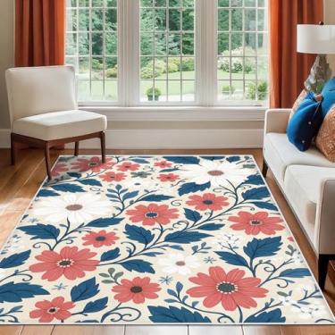 Imagem de Tapete floral para sala de estar, 1,7 x 1,8 m, lavável, vintage, padrão de folhas, antiderrapante, tapete de lã sintética para entrada, quarto, cozinha, sala de jantar