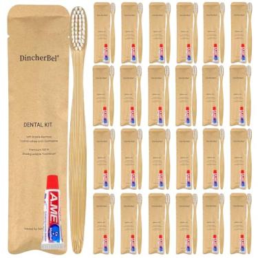 Imagem de DincherBel Kit de escovas de dentes de bambu a granel, escovas de dentes descartáveis com pasta de dente (6 g), produtos de higiene pessoal embalados individualmente para hotéis, Airbnb, sem-teto