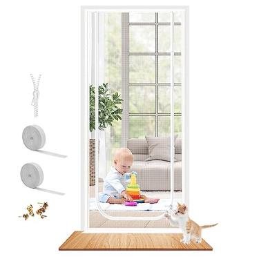 Imagem de Dixutzi Porta de tela reforçada para gatos serve para portas de tamanho 86 x 203 cm, porta de tela à prova de animais de estimação resistente com zíper, evita que cães e gatos saiam de casa (branca)