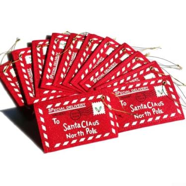 Imagem de Envelopes de Natal de feltro 10 peças para cartas ao Papai Noel, porta-cartões e enfeites de árvore de Natal com corda para pendurar, vermelho branco verde bordado, 12 x 8 cm