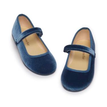 Imagem de Sapatilhas infantis Mary Jane com tiras de Gancho E Laço – Sapatos femininos para escola, casamentos e roupas casuais (bebês, crianças pequenas), Veludo - Azul, 12-12.5 Little Kid