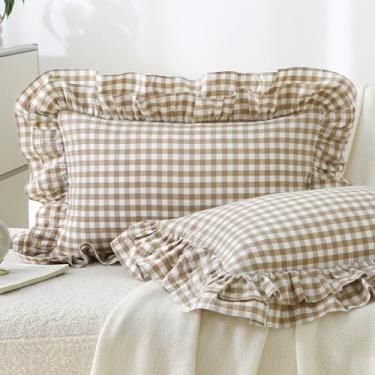 Imagem de Aryeleay Pacote com 2 capas de travesseiro xadrez branco acastanhado com babados, 100% algodão, guingão, quadriculado, casa de fazenda, fronhas decorativas para cama/sofá-12 x 20