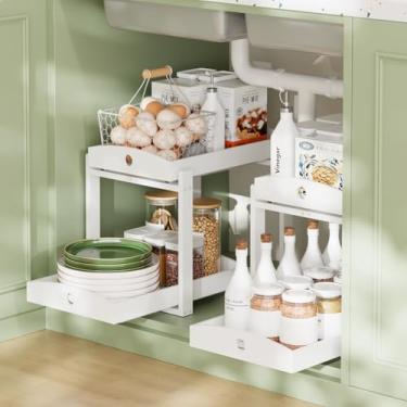 Imagem de Pacote com 2 organizadores embaixo da pia, armazenamento removível de madeira de bambu com gavetas deslizantes para armários de cozinha e banheiro, fácil instalação (branco)