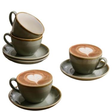 Imagem de SHUER Conjunto de 4 xícaras de café com latte de cerâmica, conjuntos de xícara de chá e pires de 221 g, copos americanos esmaltados e xícaras de café Macchiato, conjunto de canecas de chá baixo ótimo
