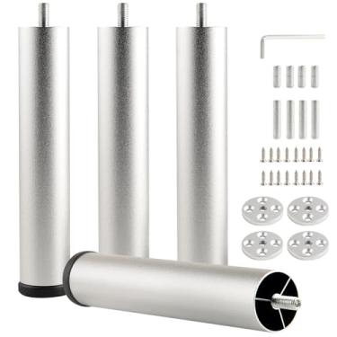 Imagem de funifiti Conjunto de 4 pernas de armário cilíndricas prata 20 cm de liga de alumínio para sofá, cômoda, mesa de cabeceira, suporte de tv e acessórios de substituição de cama de metal para móveis de