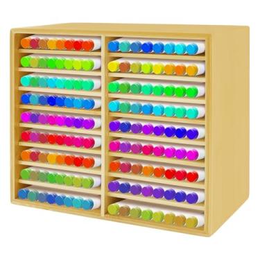 Imagem de Rack de armazenamento de marcadores artísticos, 21,5 x 24,5 x 14 cm com 18 compartimentos comporta até 133 marcadores, armazenamento de suprimentos de arte de bambu organizado para armazenar canetas