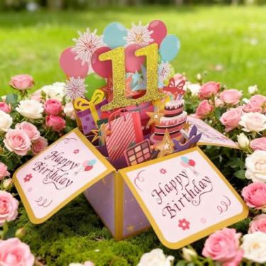 Imagem de 1 cartão pop-up divertido de feliz aniversário, caixa de presente de aniversário 3D doce com envelope para adultos, cartão de celebração dobrável exclusivo feito à mão para família e amigos (rosa, 11º