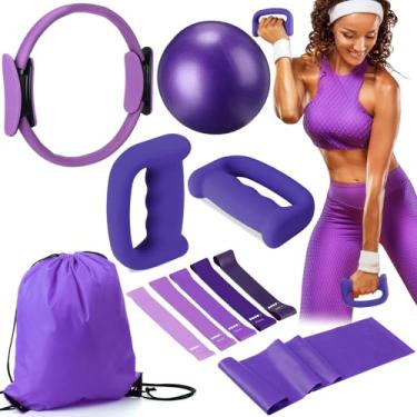 Imagem de Poen Kit de 10 peças de pilates caseiro para mulheres, inclui anel de Pilates de 30,5 cm, bola de exercícios de ioga de 25,4 cm, 5 faixas de resistência, halteres e conjunto de mochila com cordão para
