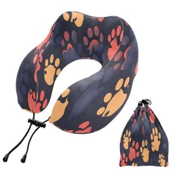 Imagem de CEBUGI Travesseiros de viagem portáteis em forma de U, travesseiro de pescoço de espuma viscoelástica com trava de corda ajustável para avião, viagem, trem, negócios, escritório, soneca (pegadas de