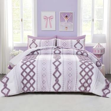 Imagem de MOVE OVER Conjunto de cama king com tufos roxos em uma bolsa, boêmio, chique, casa de fazenda, de microfibra macia, étnica, asteca, para quarto, edredom boêmio de meados do século