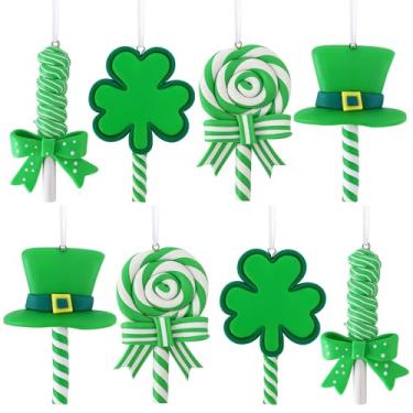 Imagem de codree 8 peças de enfeites de pirulitos de trevo do dia de São Patrício, decoração de pirulitos torcidos de trevo irlandês, chapéu de trevo verde, enfeites de argila de polímero de pirulito de doces