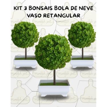 Imagem de Genérico, Kit 3 Plantas Bonsais Decorativos Artificiais Modelo Bola de Neve Vaso Retangular