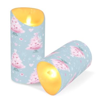 Imagem de ATTX Pacote com 2 velas de árvore de Natal rosa sem chamas – Velas LED de 7,6 cm x 15 cm com controle remoto e temporizador para casa, casamento, decoração de acampamento #405