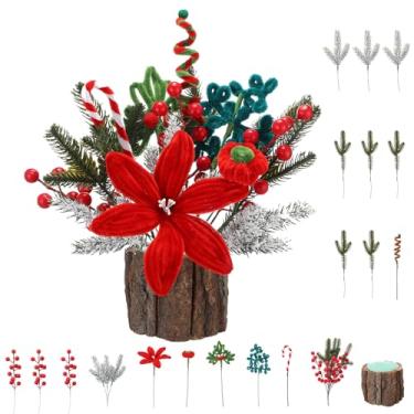 Imagem de FineCheer Decoração de mesa de centro de Natal pequena para mesa artificial, árvore de Natal com limpadores de cachimbo, pincones, agulha de pinheiro vermelho para Natal, casa, fazenda, cozinha