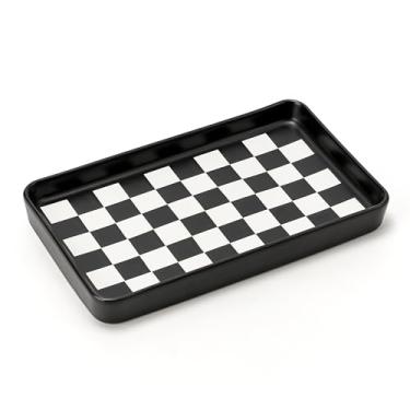 Imagem de Bandeja de banheiro preta de 25 x 15 cm x 2,5 cm para bancada - Bandeja organizadora decorativa de cerâmica para cômoda, vaso sanitário, perfume, suporte de esponja, dispensador de saboneteira para