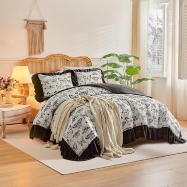 Imagem de UOZZI BEDDING Conjunto de edredom com babados, estampa floral, reversível, 800 fios, para adultos, para meninas, 1 edredom de microfibra com 2 fronhas URBZ02-Q