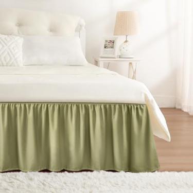 Imagem de RIMELA Saia para cama queen size verde poeira 38 cm, saia de cama elástica, babados, para base de cama ajustável, tecido macio e durável, lavável na máquina, fácil de instalar, saias de cama