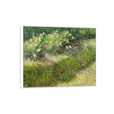 Imagem de BMZFYBS Vincent van Gogh Famosa pintura em tela de arte de parede pronta para pendurar. Gramado com borboletas. Imagem em moldura branca para decoração de sala de estar 90 x 108 cm 35 x 42 pol