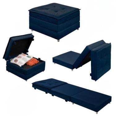 Imagem de Puff Baú Dobrável que Vira Cama Solteiro – Estrutura em Madeira Maciça Pinus, Rodízios e Espuma D23, Suporte 90kg(Azul)