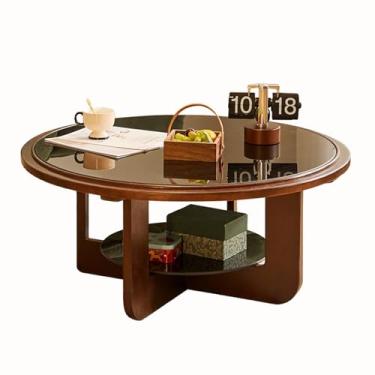 Imagem de Mesa de centro redonda para sala de estar, mesa de coquetel industrial de 2 níveis com prateleiras abertas, mesa de centro moderna de madeira de 89 cm, mesa de centro de centro grande (cor de madeira