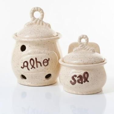 Imagem de Kit Cozinha Prática: Saleiro e Porta Alho em Cerâmica (Design Moderno). (BEGE CHAMUSCADO)