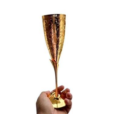 Imagem de V19 Elegante cálice de vinho de latão banhado a ouro de 22 cm, conjunto de 2 taças decorativas de champanhe e vinho feitas à mão para casa, bar, festas