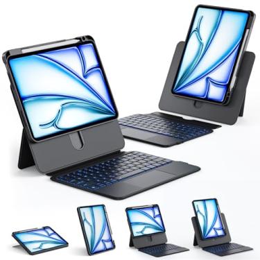 Imagem de Tiaota Capa de teclado para iPad de 10,2 polegadas (7ª, 8ª e 9ª geração) com trackpad multitoque, suporte giratório de 360°, modos retrato e elevado, capa destacável, luz de fundo de 7 cores – preta