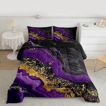 Imagem de Feelyou Conjunto de edredom Queen de mármore preto dourado, moderno, estético, para crianças, meninos, meninas, retrô, arte em aquarela, edredom roxo, 3 peças com 2 fronhas