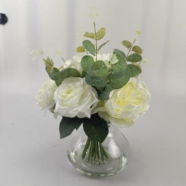 Imagem de homfan 4 rosas realistas + 4 peônias em vaso de vidro com água sintética, arranjos de flores artificiais para centros de mesa de casamento e casa