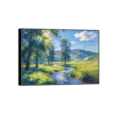Imagem de Quadro preto arte de parede paisagem impressões em tela - árvore rio prado - pintura decorativa - imagens para quarto 90 x 125 cm 35 x 49 pol