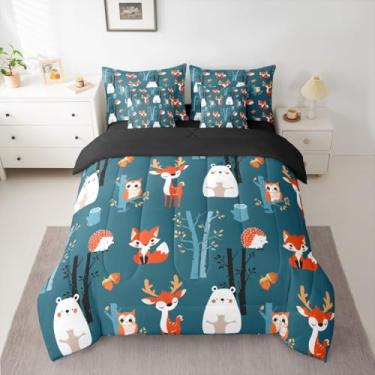 Imagem de Feelyou Jogo de edredom fofo de urso com 7 peças, solteiro, raposa, crianças, meninos, meninas, animais da selva, decoração de quarto, águia, respirável, macio e leve