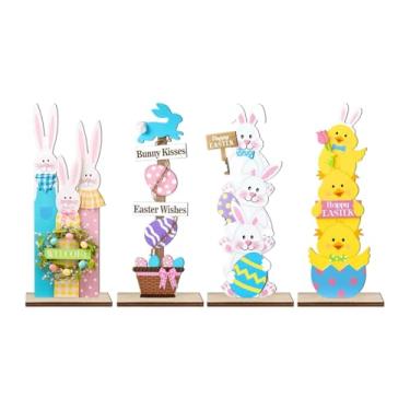 Imagem de Baoblaze Conjunto de 4 peças de decoração de mesa de Páscoa em madeira com coelhos, ideal para presentear na Páscoa. Perfeito para cozinha, lareira, prateleira