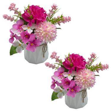 Imagem de Carfoeny 2 vasos de hortênsia vermelha para decoração de banheiro, crisântemo de seda sintética, planta de hortênsia floral, buquê de flores falsas, decoração de mesa de centro para sala de estar