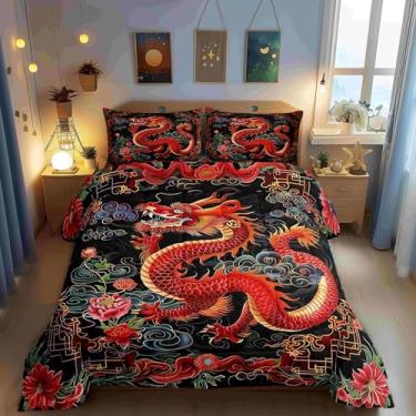 Imagem de Castle Fairy Conjunto de edredom Queen Size chinês Loong, 3 peças, estilo chinês exótico, alternativo, decoração de quarto de adultos, flores em aquarela, microfibra ultramacia, enchimento interno, 3