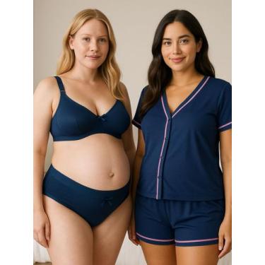 Imagem de Combo Amamentação Pijama Sabrina com Botões Sutiã com Clique e Calcinh