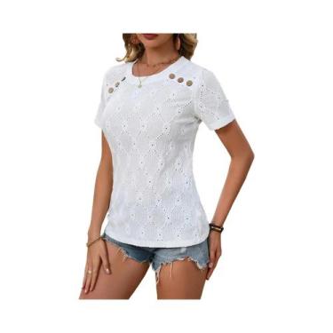 Imagem de Camiseta Feminina Elegante De Verão Com Decote Redondo E Botões, Moda 