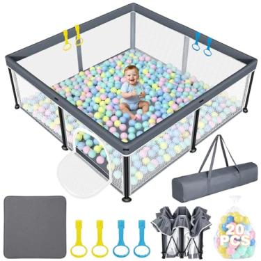 Imagem de Cercadinho Dobrável para Bebês e Crianças, 127×127 cm, Portátil Cercadinho para Bebe, com 4 Alças, Área de Brincar para Uso Interno e Externo, com Tela Visível, Cor Cinza Escuro