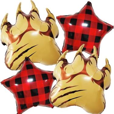 Imagem de TiAaihion Conjunto de balões de alumínio de pata de urso lenhador, pacote com 4 balões de estrela xadrez de búfalo vermelho preto e garra de urso para festas de aniversário na floresta ou urso